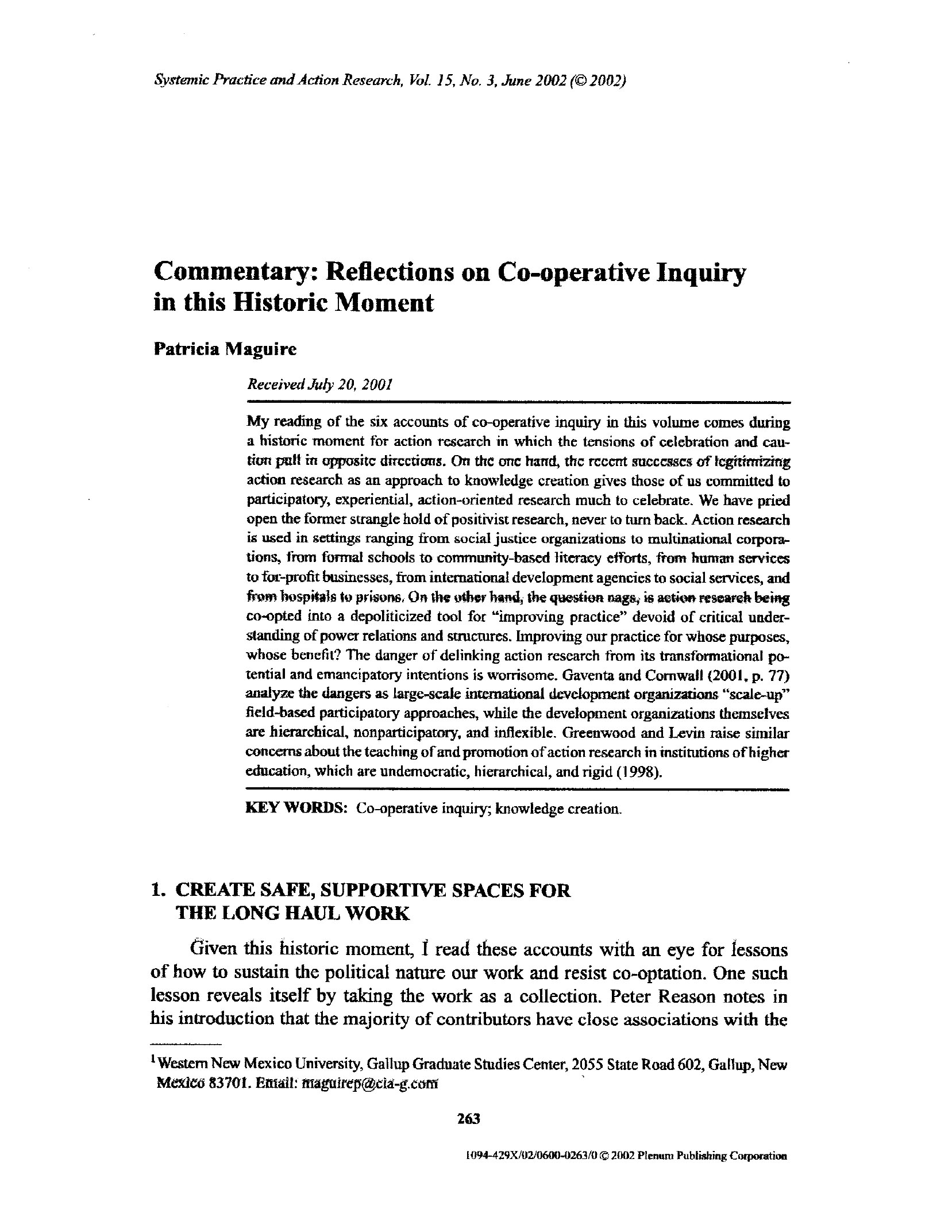 Reflections on co-operative inquiry in this historic moment